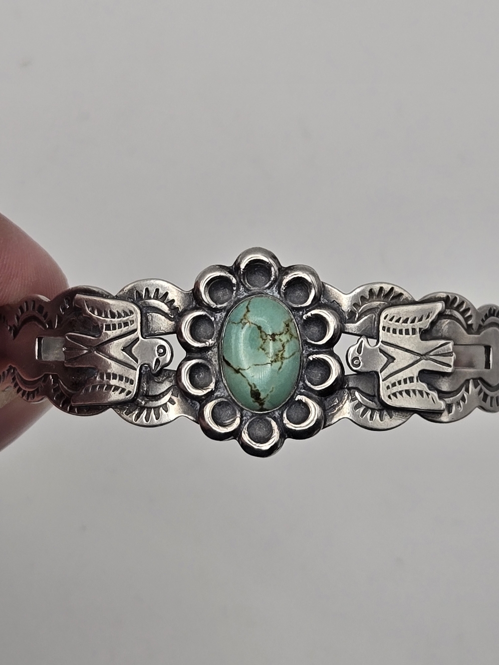 Vntg Fred Harvey IH Coin Silver Turquoise Cuff Bracelet